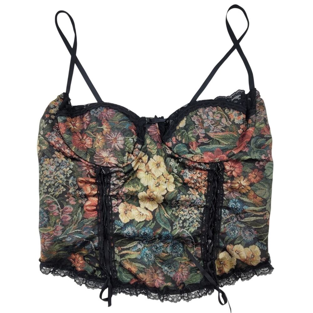 Fredericks Bustier Top Floral Lace Up Goth Coquette Dark Femme